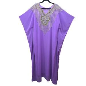 Indian Maxi Kaftan Dress Rhinestone Beaded Purple Chiffon Kimono Bohemian Boho